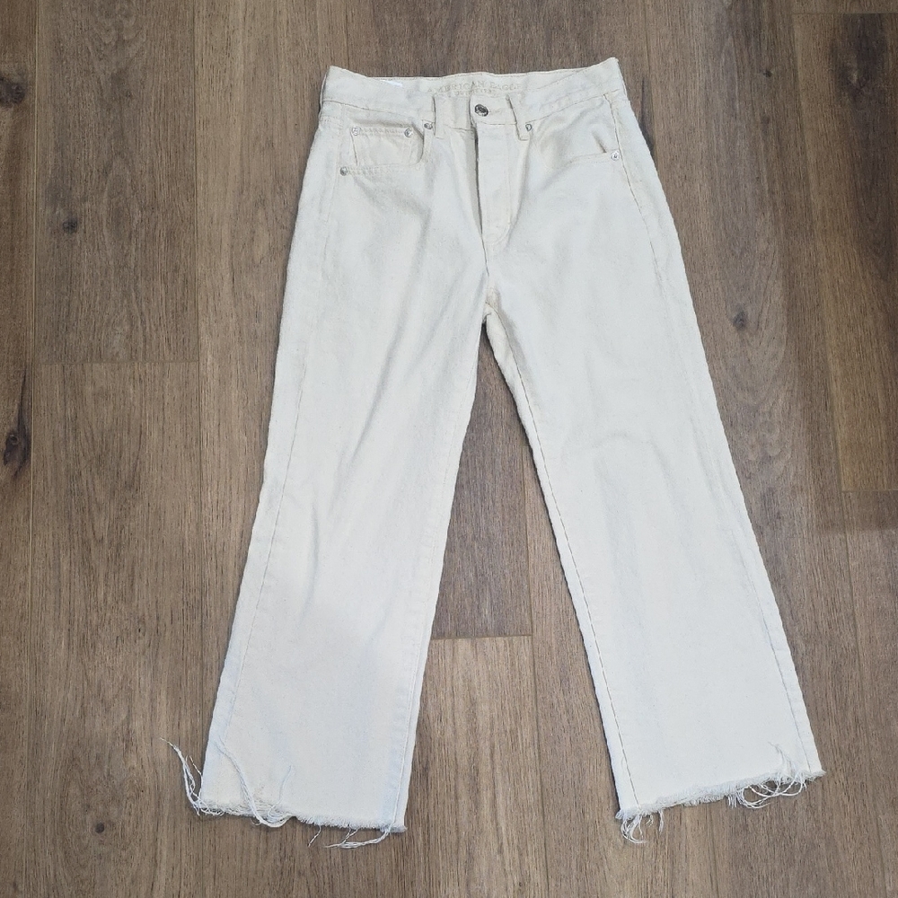American Eagle Raw Hem Button Fly Wide Leg Crop 2 Cream